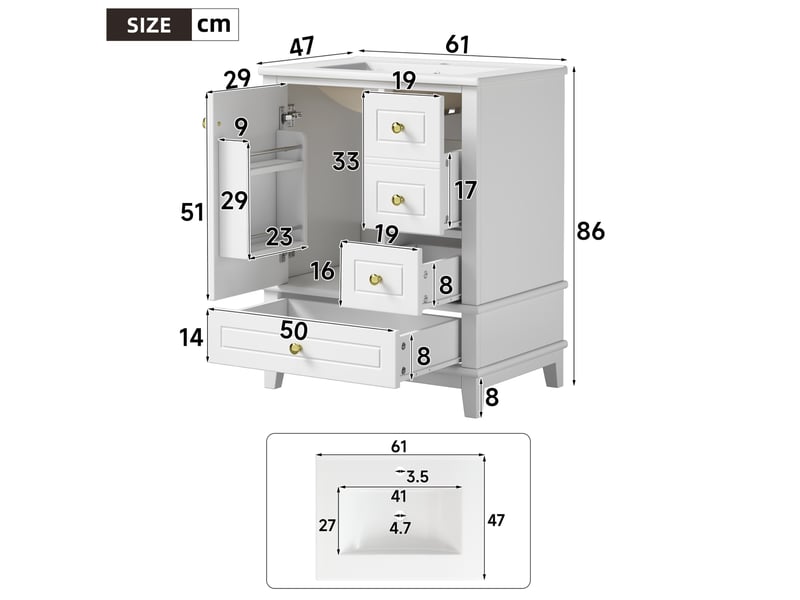 Meuble sous lavabo sur pied 61x47x86 cm blanc brillant avec vasque en céramique - Conforama C