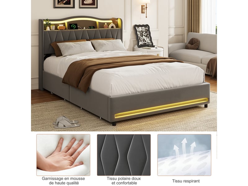  Lit 140 x 200 avec avec sommier led et usb, lit double avec 4 tiroirs, tête de lits avec rangement, lit 2 personnes pour adultes et ado, gris  - Conforama W