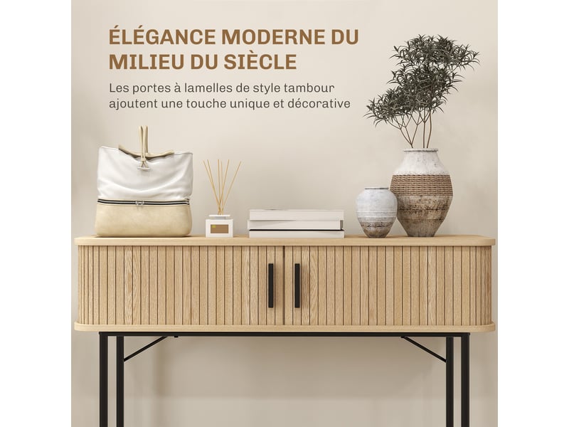  Console meuble, table console avec portes coulissantes à lattes et pieds en acier, chêne et noir, pour salon  - Conforama A