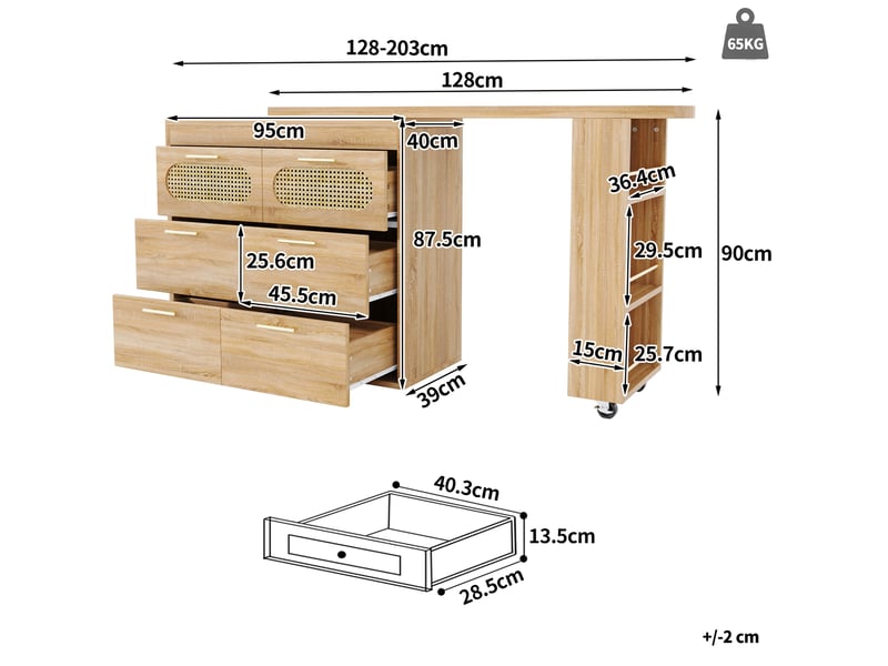 Table bar 203x39x90 cm naturel mdf et métal, 6 tiroirs, rangement avec plateau pivotant - Conforama C