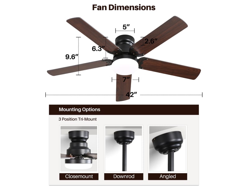  Ventilateur de plafond led noir en mdf avec télécommande, moteur dc réversible, 6 vitesses et minuterie  - Conforama C