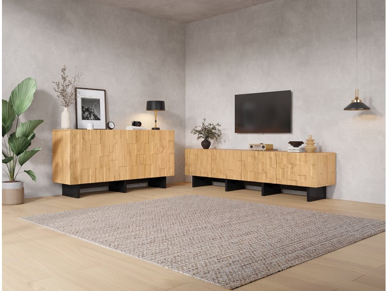  Ensemble meuble tv et buffet en mdf, décor bois clair et accents noirs, portes à ouverture par pression  - Conforama E