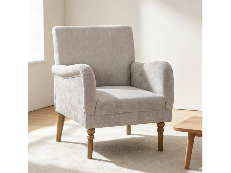  Fauteuil 1 place à dossier haut en tissu aspect lin gris, pieds en bois d’hévéa  - Conforama D