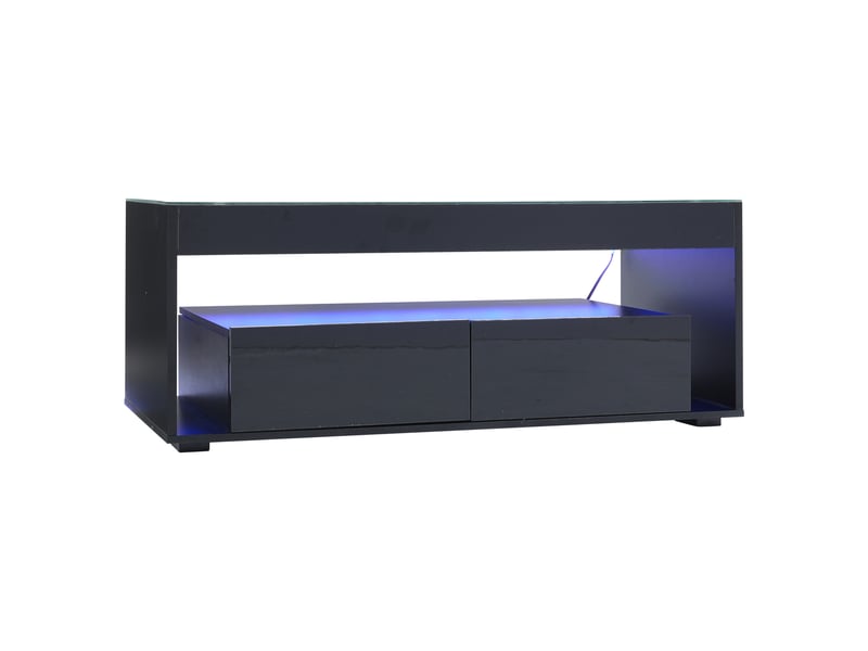 Table basse moderne avec éclairage led, console rectangulaire avec 2 grands tiroirs, table de salon spacieuse en verre, design à double plateau, finition laquée brillante, grande table de salon, noire - Conforama E
