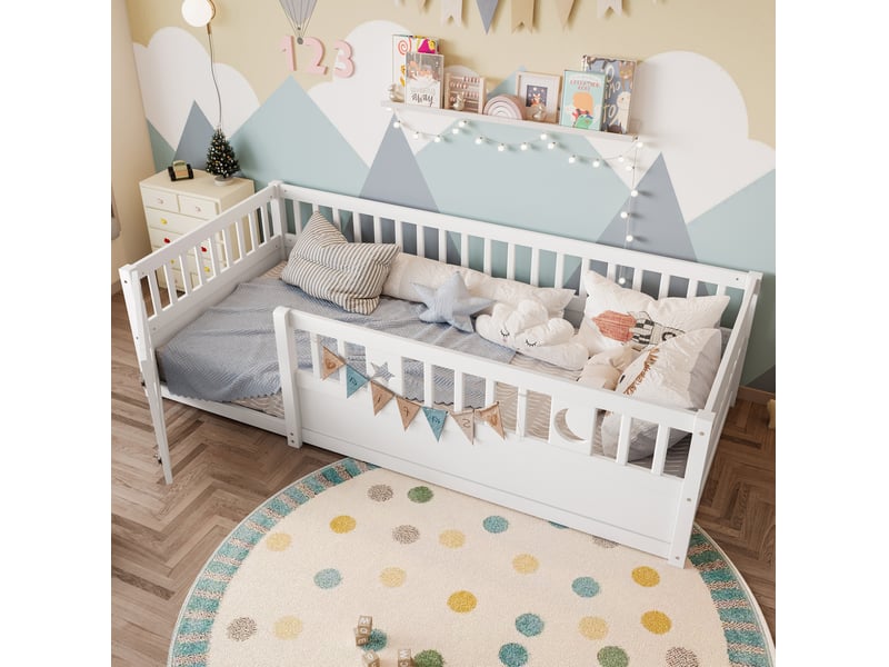  Lit enfant à barrières 90x190 cm blanc en pin et contreplaqué  - Conforama C