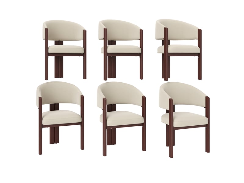  Lot de 6 chaises de salle à manger beige, dossier ergonomique rembourré, pieds métal effet noyer, patins réglables, charge 150 kg  - Conforama A