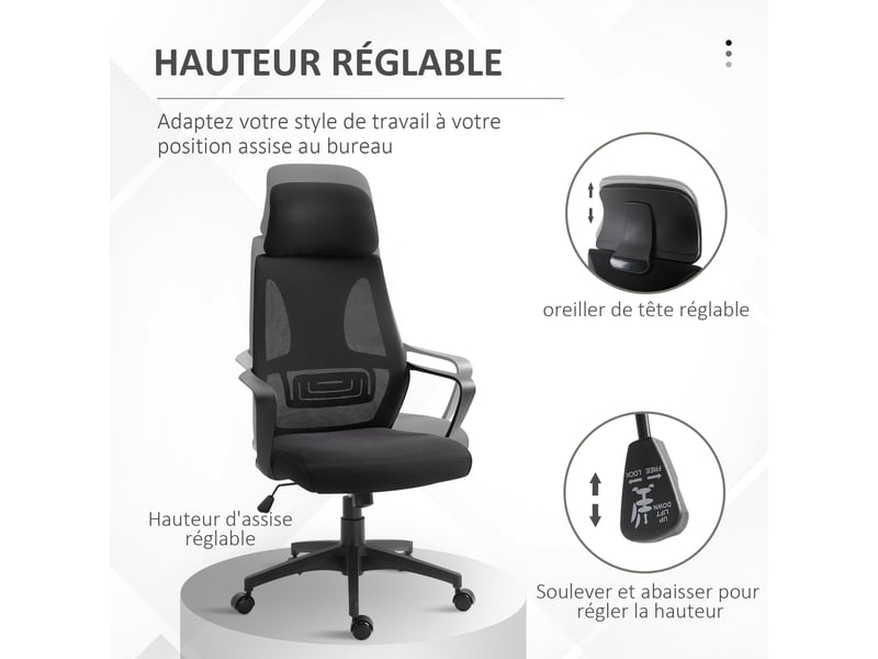  Chaise bureau ergonomique, fauteuil de bureau en maille, appui-tête, hauteur réglable, noir, 64 x 55 x 116-126 cm  - Conforama E