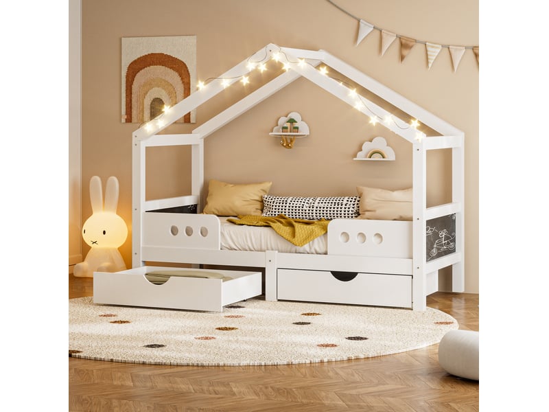  Lit cabane enfant 90x200 cm avec 2 grands tiroirs, sommier à lattes, finition vernis uv, cadre en mdf, blanc  - Conforama D