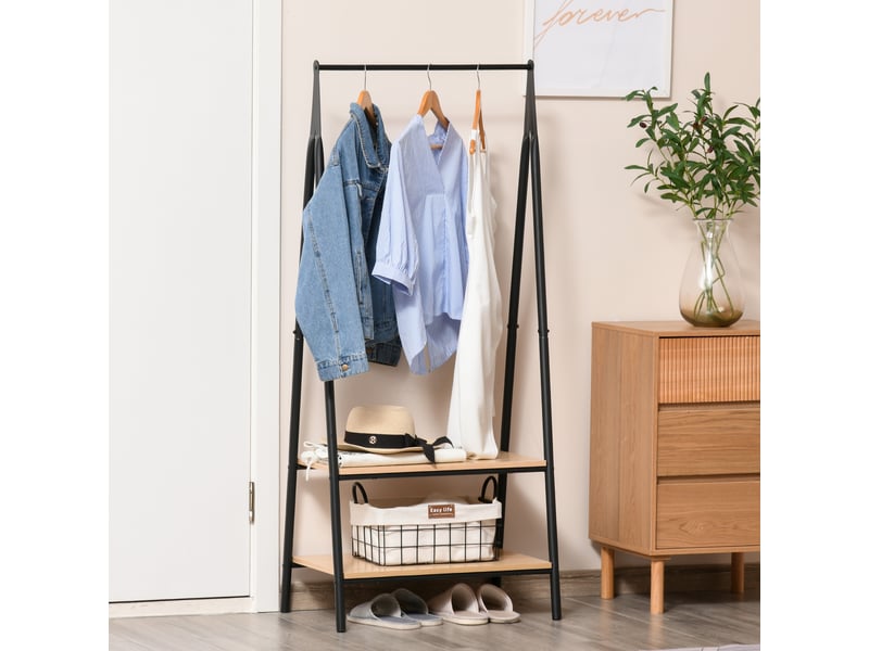  Penderieportant triangulaire moderne, dimensions 64 cm (l) x 43 cm (l) x 149 cm (h), 2 étagères, bois clair, panneau mdf, acier noir  - Conforama D