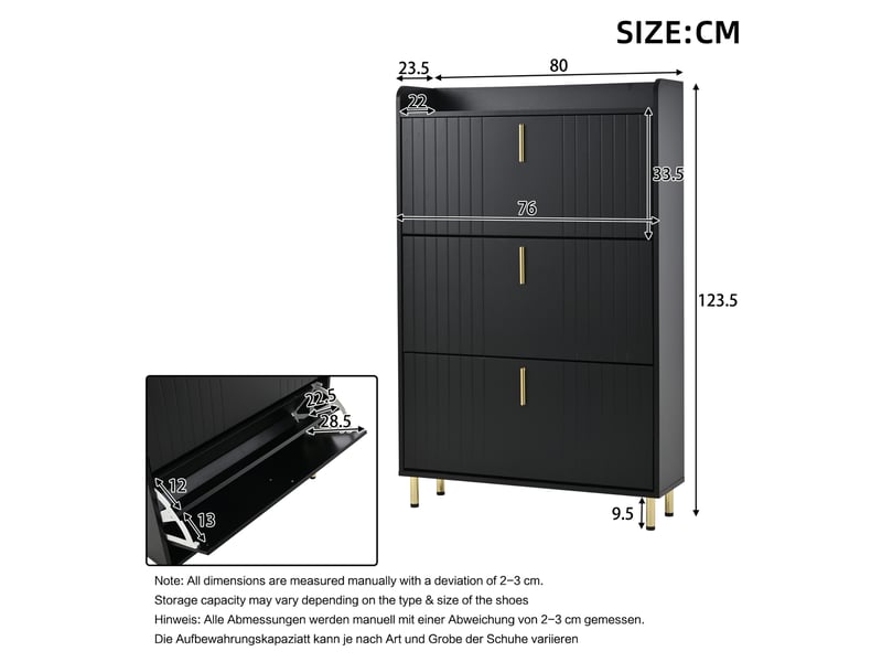  Lot de 2 meubles à chaussures 80x23x123,5 cm, pour entrée, design moderne, base en métal doré, pour 24 paires, mdf noir  - Conforama C