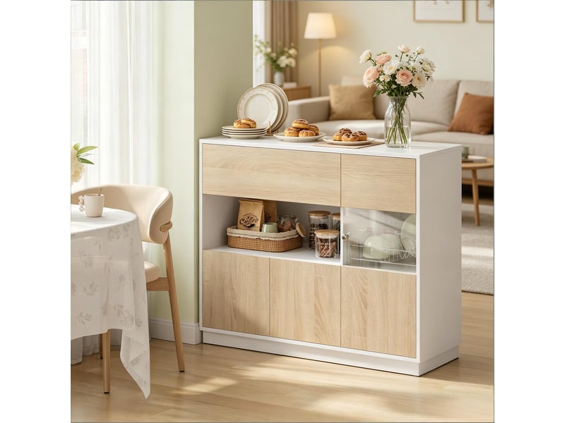  Buffet, avec compartiment ouvert et porte acrylique, antibasculement, 100×40×80 cm, blanc et chêne clair  - Conforama D