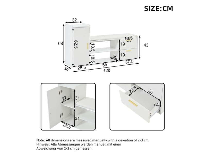 Meuble à chaussures banc laqué blanc 128 cm, 2 tiroirs, 1 porte, assise rembourrée - Conforama C