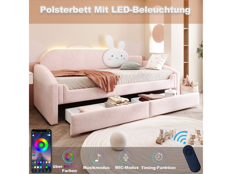  Canapé-lit 90x200 cm, lit enfant, couchage d'appoint, rangement, led, velours rose  - Conforama E