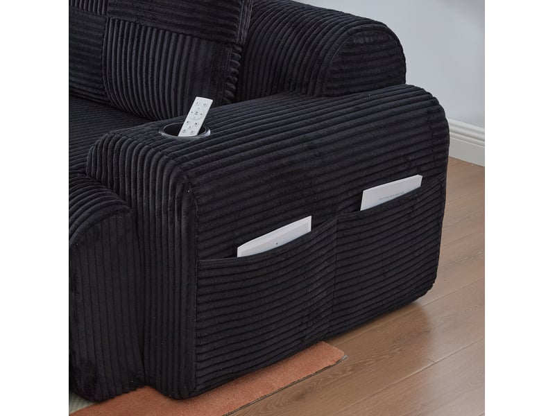  Canapé d'angle modulable 2 places en velours côtelé noir avec 2 poufs, porte-gobelets et poche latérale  - Conforama D