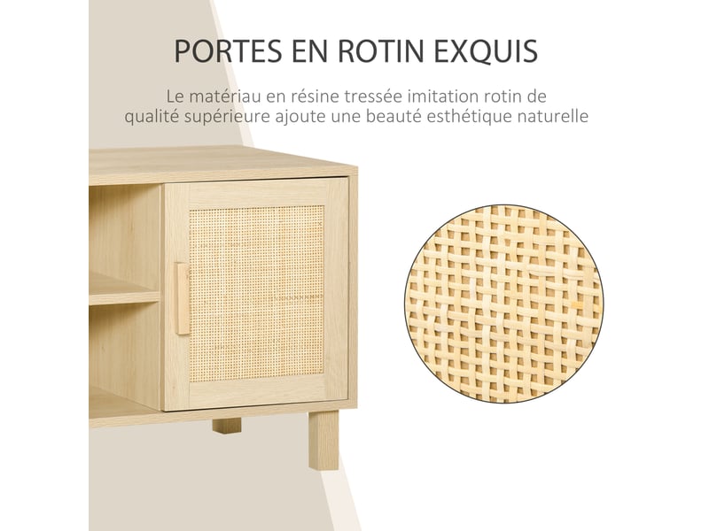  Meuble tv banc tv 2 niches 2 placards porte cannage en rotin mdf aspect bois clair dim. 115l x 40l x 48h cm  - Conforama R