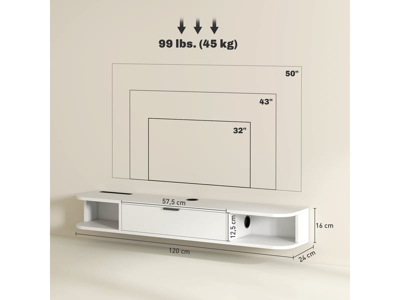  Meuble tv suspendu pour téléviseur jusqu'à 50 pouces tiroir rabattable 2 étagères 120x24x16cm blanc  - Conforama C