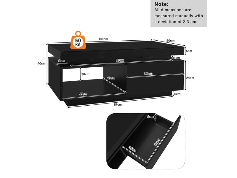  Table basse 100x50x40 cm avec éclairage led et tiroir en panneau de particules noir  - Conforama C