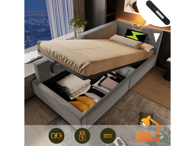 Lit adulte 90x190cm, lit 1 place, canapé lit coffre avec lampe et sommier, charge, velours gris, sans matelas - Conforama D
