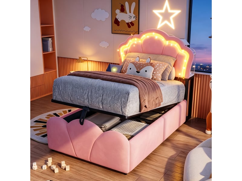  Lit coffre 90x200 cm, lit enfant, rangement hydraulique, led, motif floral, velours rose  - Conforama D