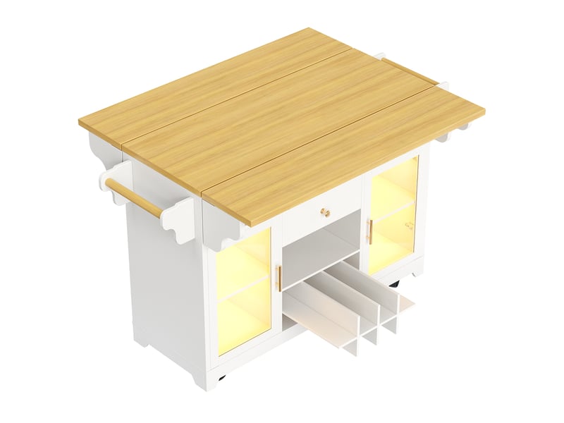  Îlot de cuisine mobile 120 x 40-80 x 95 cm, plateau rabattable, éclairage led rgb et porte-bouteilles, blanc, en mdf  - Conforama E