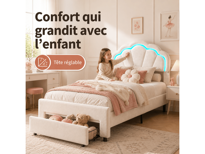  Lit simple capitonné 90x200 cm avec led et tiroirs - lit enfant avec tête de lit réglable en hauteur - sommier à lattes - lit enfant 90x200 cm - lit simple fille avec éclairage led rgb et tiroir - tête de lit réglable - sommier …  - Conforama D