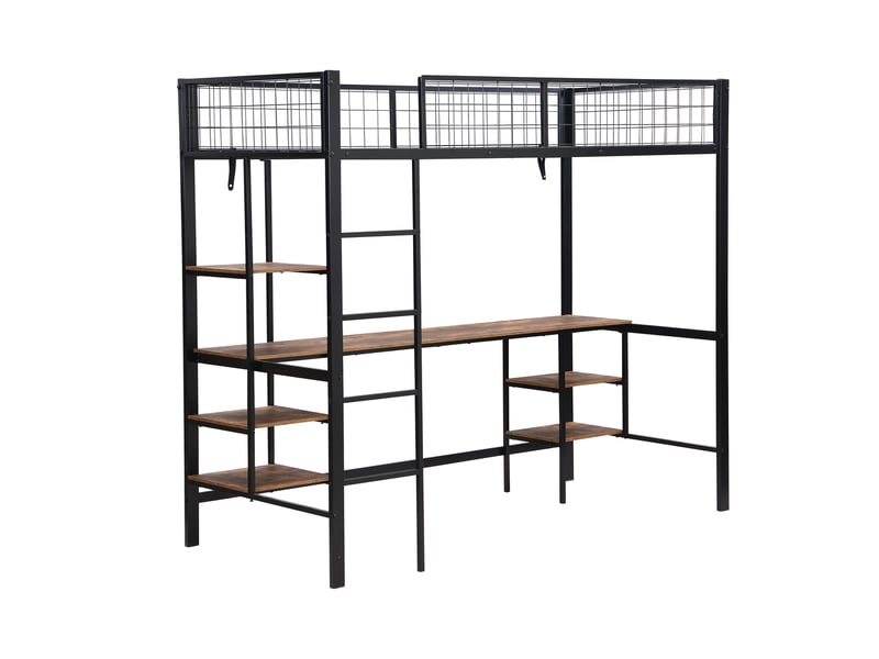  Lit mezzanine 90x200 cm, structure métal noir et bois, avec bureau intégré  - Conforama D