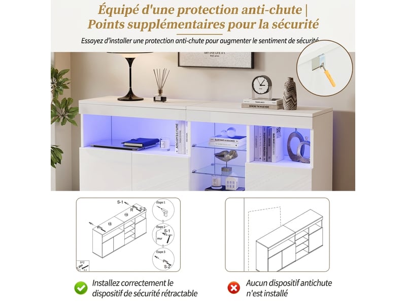  Buffet salon blanc laqué avec led 155 cm - 3 portes et étagères en verre - meuble de rangement moderne  - Conforama D