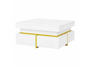 Table basse blanche brillante avec 2 tiroirs et détails dorés, 70 x 70 cm