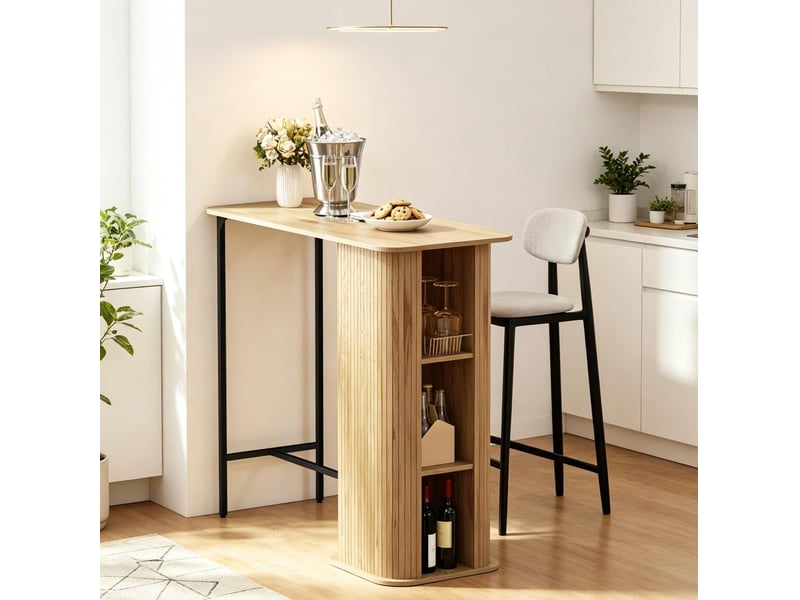  Table de bar avec prises, 3 niches de rangement, pieds métal réglables, bois clair et noir, style scandinave  - Conforama E