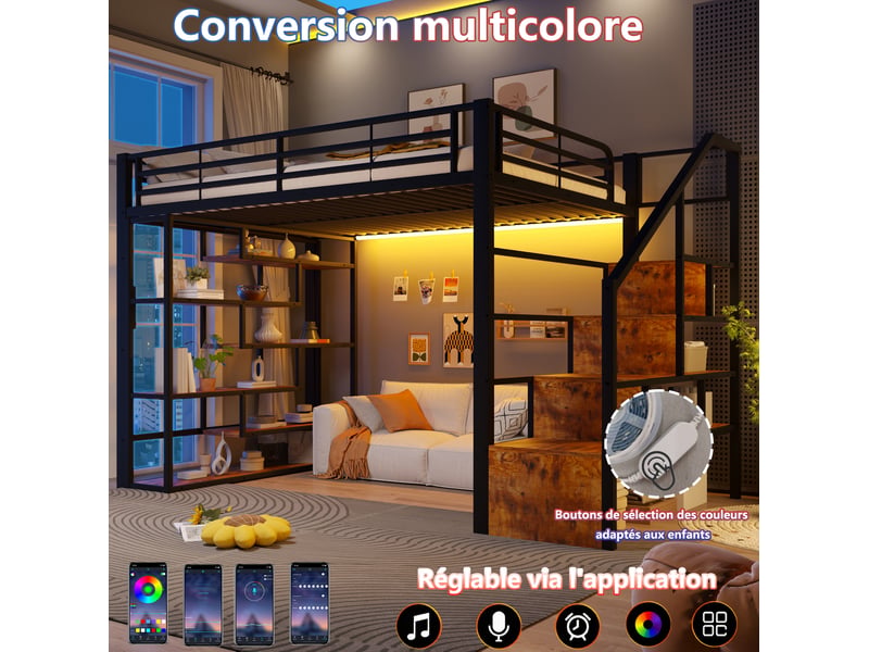  Lit mezzanine 140x200 cm, escalier rangement, garde-corps, led, métal et mdf, noir et blanc, sans matelas  - Conforama E