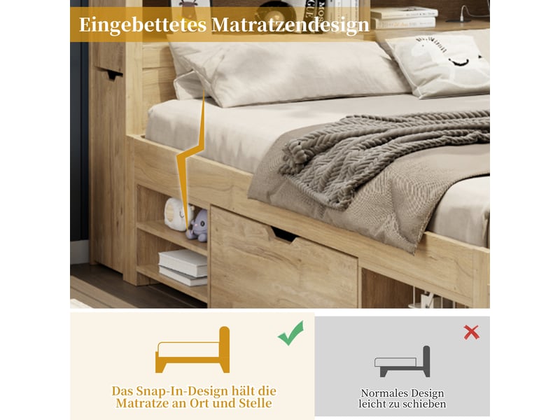 Lit enfant multifonction avec rangements 140x200 cm, chevet intégré, étagères, placards et tiroirs, recharge sans fil, finition bois naturel Radiant Stride - Conforama E