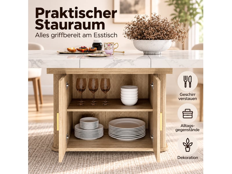  Table à manger extensible 150200x90 cm avec rangement blanc marbré et chêne  - Conforama E