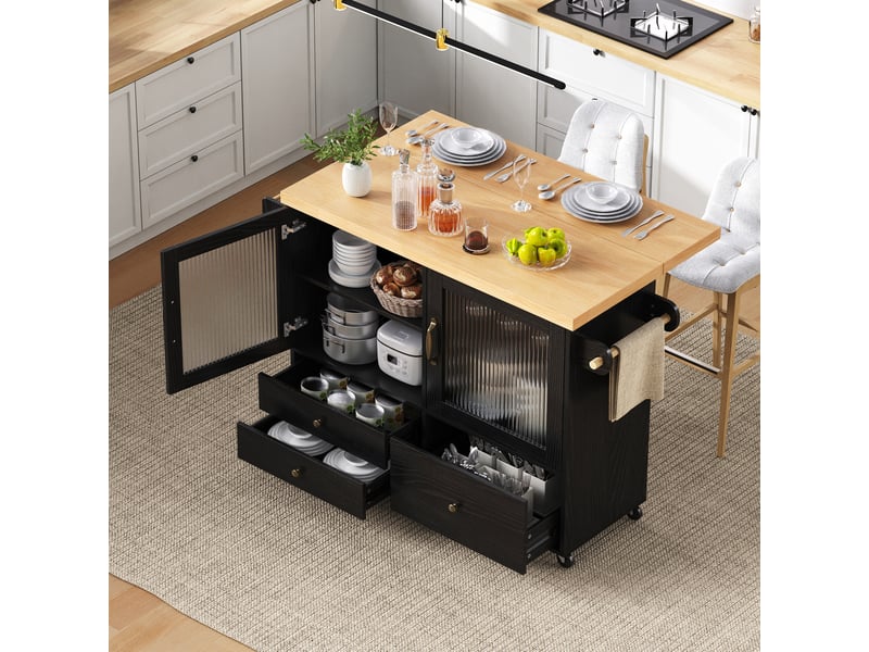  Îlot cuisine roulant 100x42-70x91,5 cm plan extensible 40 kg porte-verres 5 roulettes 2 freins mdf noir et naturel  - Conforama W