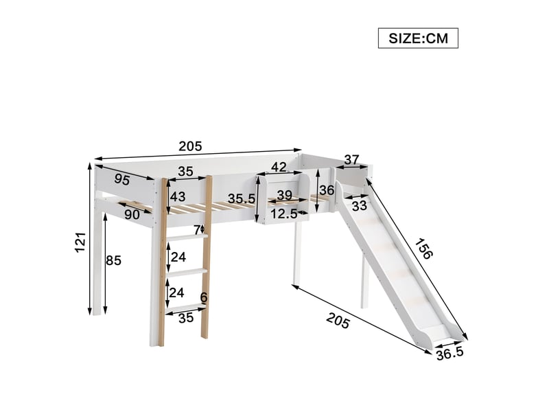  Lit mezzanine ulevr enfant et adolescent 90x200 cm avec toboggan, échelle droite 3 marches, étagère amovible, pin et mdf, blanc et naturel  - Conforama C