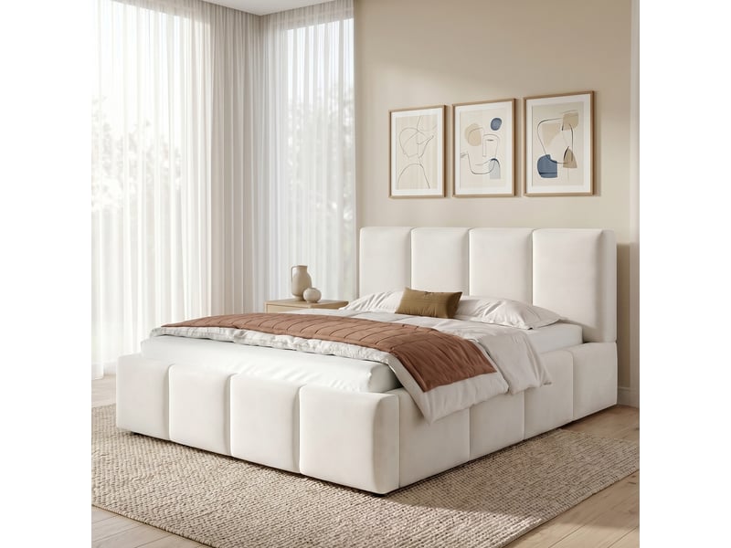  Lit plateforme 180x200 cm beige, tissu chenille, tête de lit rembourrée 11 cm, sommier à lattes inclus, structure anti-glissement  - Conforama B
