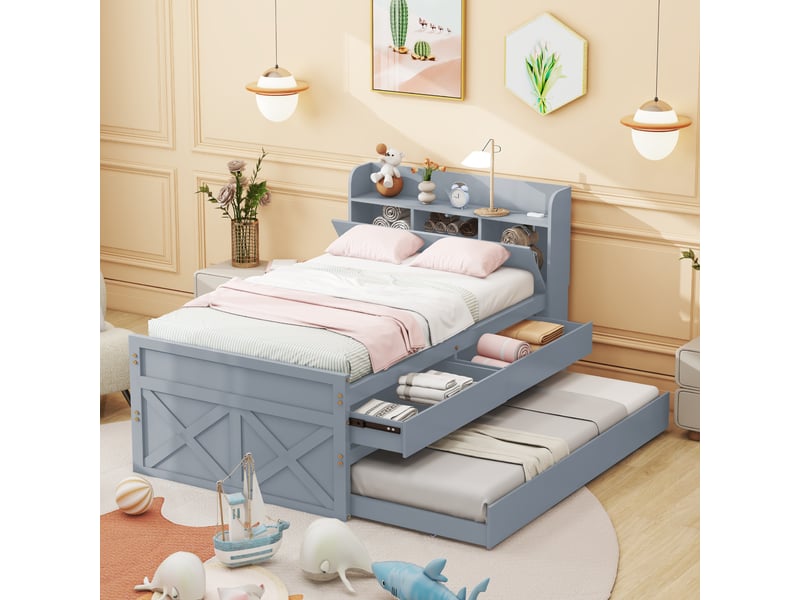 Lit gigogne 90x190 cm avec 2 tiroirs, table de chevet avec rangement et usb, sommier à lattes, pin massif, gris OMNIGLINT TRADING LTD - Conforama B