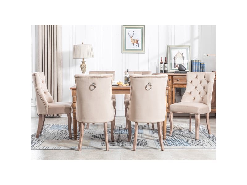  Chaises velours beige – lot de 6, dossier haut capitonné, pieds bois massif, style élégant  - Conforama E