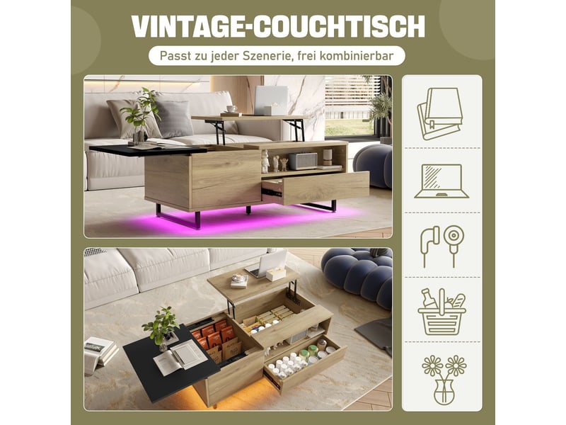  Table basse, plateau relevable salon, rangement intégré, led intégrées, piètement métal  - Conforama E