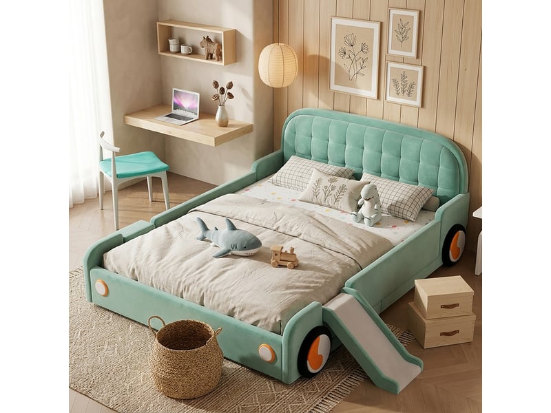  Lit voiture 140x200 cm, lit enfant, escalier, toboggan, barrière antichute, velours bleu-vert  - Conforama E