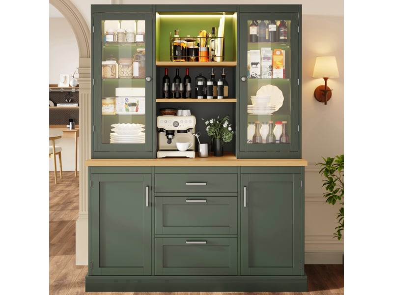  Armoire de cuisine verte 140cm avec led contrôlée par app, 3 tiroirs et plan de travail en bois  - Conforama R