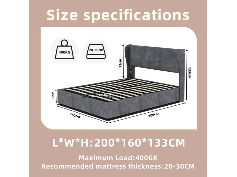  Lit coffre 160 x 200 cm gris avec tête de lit capitonnée en velours et vérins à gaz  - Conforama E