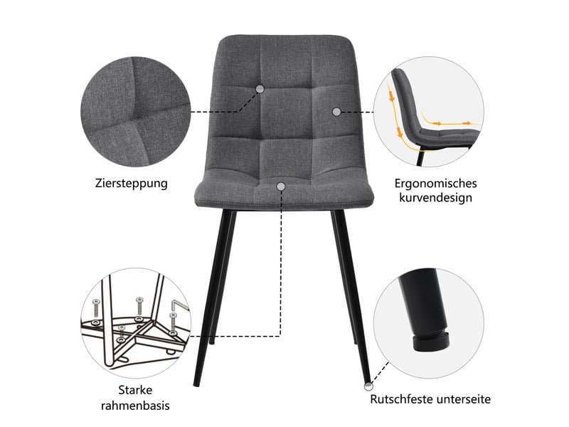  Ensemble repas 5 pièces, table mdf motif marbre avec pieds métal réglables, 4 chaises en lin et mousse gris  - Conforama R
