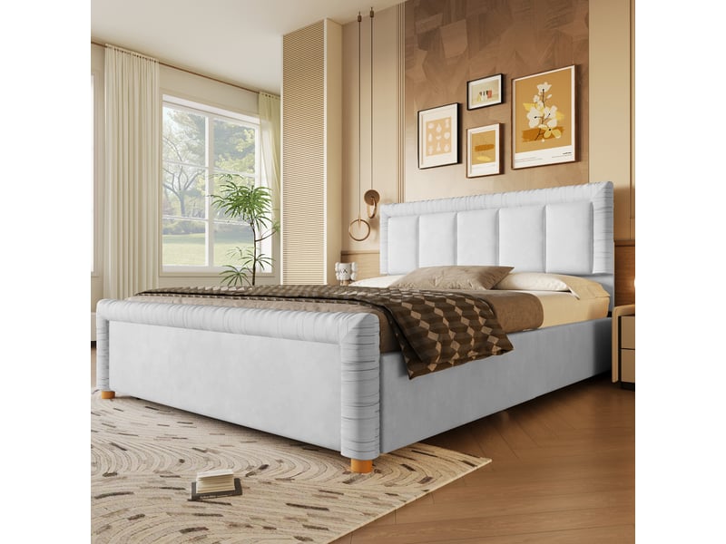  Lit adulte 140x200 cm en velours avec 2 tiroirs de rangement, tête et pied de lit rembourrés, pieds en bois - gris  - Conforama E