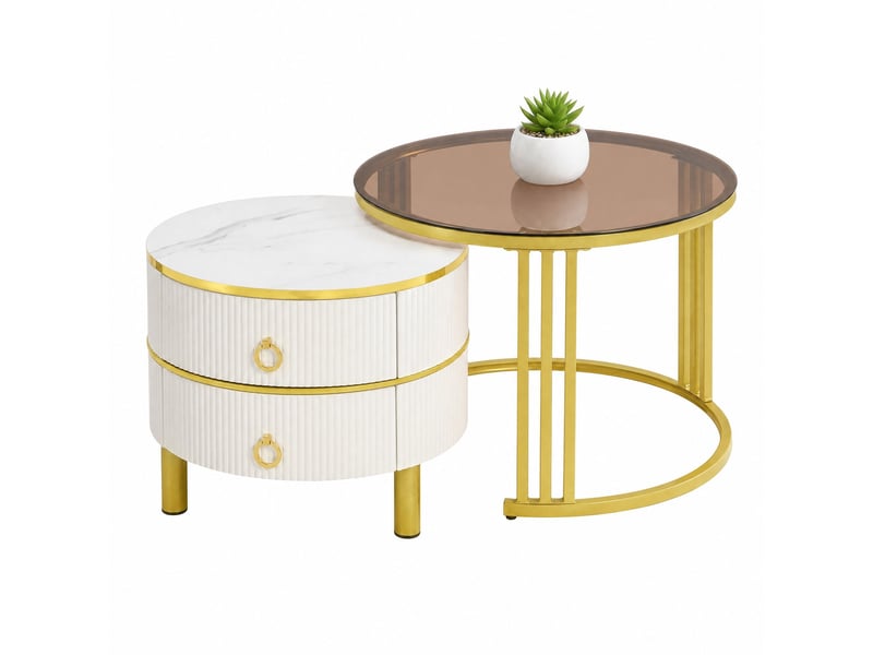  Tables basses gigognes avec 2 tiroirs pour salon en mdf et verre 70×70×45 + 50×50×40 cm blanc et doré  - Conforama A