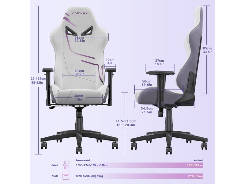 Chaise de bureau inclinable avec appui-tête, soutien lombaire et accoudoirs réglables en tissu blanc et violet  - Conforama C
