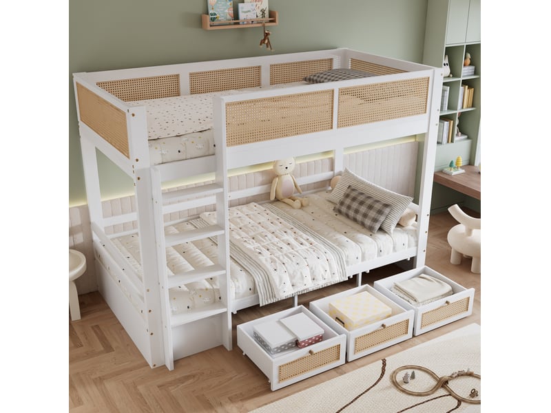  Modenvie lit superposé enfant 90x200 cm - avec 3 tiroirs, barrières de sécurité, sans matelas - blanc et naturel  - Conforama B