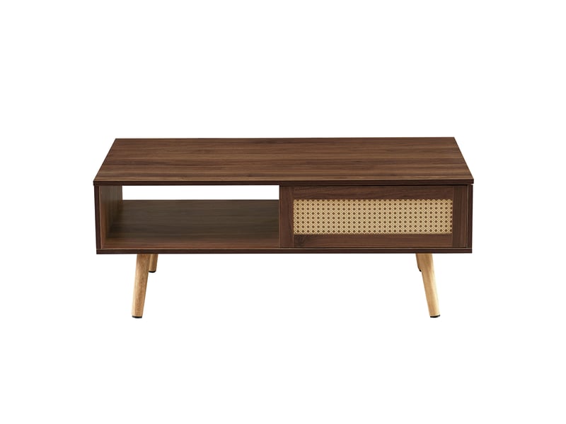 Table basse moderne en rotin, noyer foncé, 105 × 55 × 40 cm, portes coulissantes, pieds bois massif - Conforama A