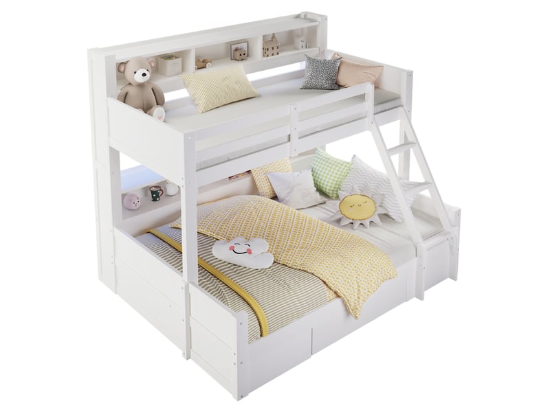 Lit superposé avec rangements, tiroir, échelle réversible et led, blanc, 90x200+140x200 cm - Conforama D