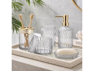 Ensemble salle de bain 5 pièces en verre transparent taillé diamant, distributeur de savon et accessoires assortis