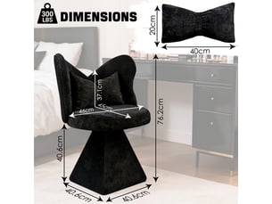 Fauteuil 46x45x76,2cm - chaise de coiffeuse pivotante 360° dossier papillon - avec paillettes et coussin nœud -chenille - noir